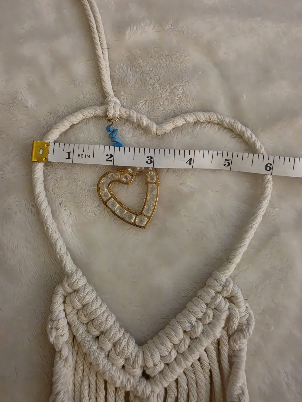 Boho Chic Cream Crystal Heart Macrame Wall Hanging Dreamcatcher Decor Sz 35
